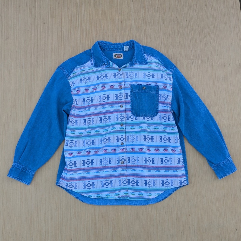CM Company Aztec Southwestern Blue Denim Long Sleeve Button Up Shirt Men's Large